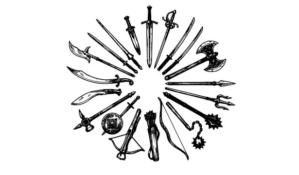 Hand Drawn Traditional Weapon Sketch Set in Black and White Vector Style