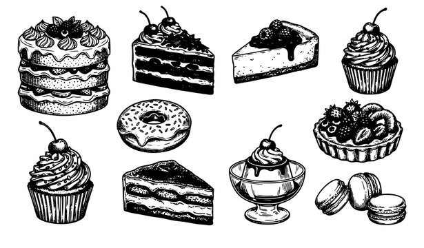 Vintage Cake and Dessert Sketch Vector Collection with Bakery Sweets in Black and White