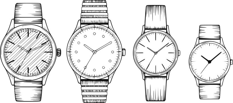 白い背景に隔離された4つの異なるスタイルの手描きの腕時計のコレクション
