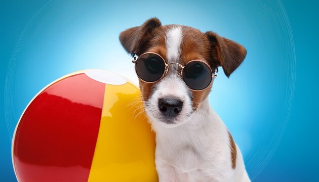 jack russell pup in sunglasses with beach ball