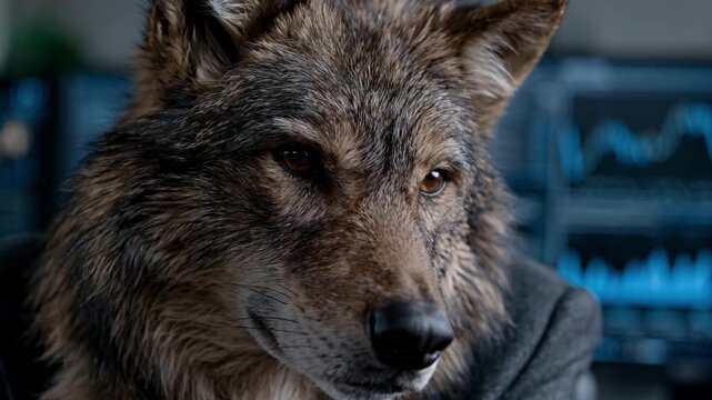 Ambitious and cunning wolf dressed as a businessman analyzing financial charts on computer screens, symbolizing a predatory and successful stock market broker or aggressive financial trader