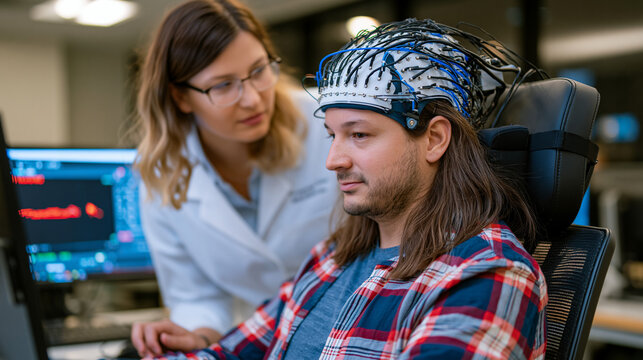 Neuroscience technician calibrating implanted brain computer interface electrode array signal decoder for paralyzed clinical trial participant seated in research lab chair, real-time cursor control 