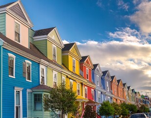 Fototapeta premium vibrant urban living colorful row houses showcasing architectural diversity and neighborhood charm in a bustling city with street view