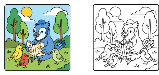 Fototapeta premium Cute cartoon blue jay bird wearing a hat reading an ABC book to little birds, including a colored illustration and a black and white coloring page outline template for kids