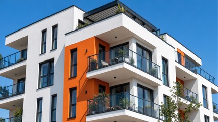 Fototapeta premium Modern apartment building with bold orange and white accents. Glass balconies overlook greenery under bright blue sky. Residents relax on balconies, enjoying sunny day. Ideal for real estate
