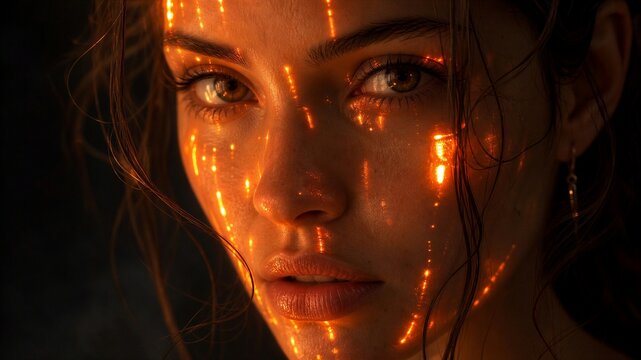 Golden light streaks trace her face with warmth. Her eyes hold quiet intensity, unblinking. Damp hair frames her features softly. The glow pulses like a living ember