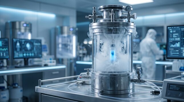 Futuristic Cryogenic Storage Capsule with Liquid Nitrogen Smoke in Bio Lab.