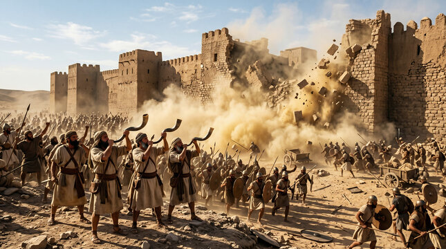 The thick stone walls of Jericho collapsing and falling as the Israelite army blows ram's horns. Biblical warfare and miracle of Joshua
