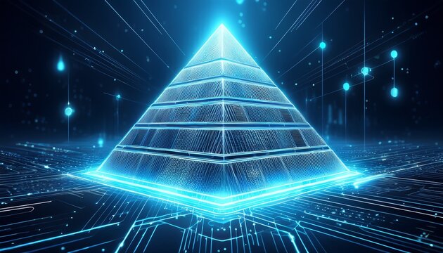 abstract digital pyramid structure futuristic glowing blue energy network technology concept