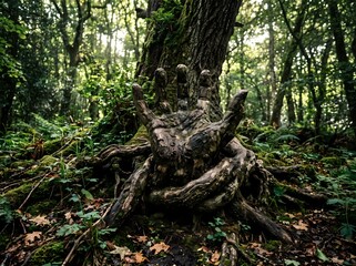 Fototapeta premium Ancient tree with roots shaped like human hand reaching out from forest floor.