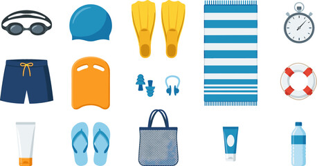 Summer Swimming and Beach Vacation Equipment Vector Icon Set Featuring Swim Trunks, Goggles, Flippers, Towel, Kickboard, Lifebuoy, Flip Flops, and Sunscreen Lotion Designs © sumi