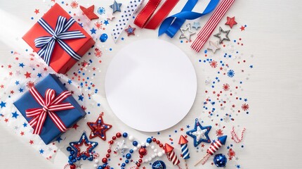 Obraz premium Independence Day celebration flat lay with empty circular plate, red and blue gift boxes, star ornaments, ribbons, and patriotic confetti on a white background for creative design space in top view