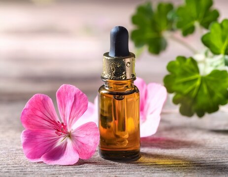 a bottle of geranium essential oil with a pink geranium study