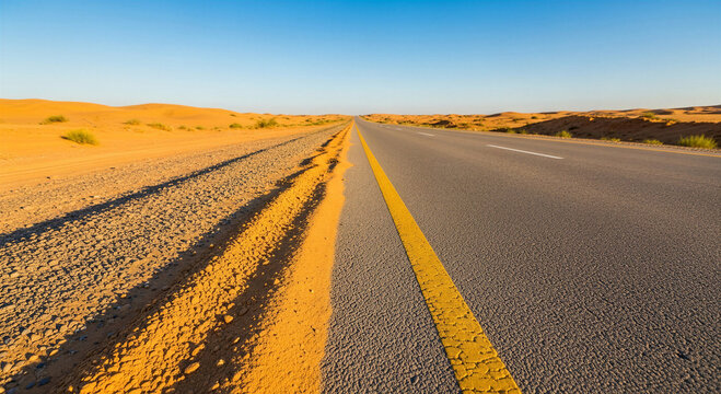 Desert road stretching into the horizon under a clear blue sky  