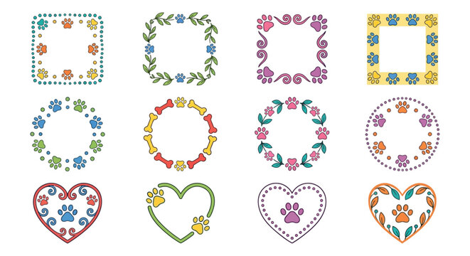 Paw print and bone shaped floral ornaments colorful vector illustration on a white background prints animal tracks dog paws cat pet shapes bones food frame