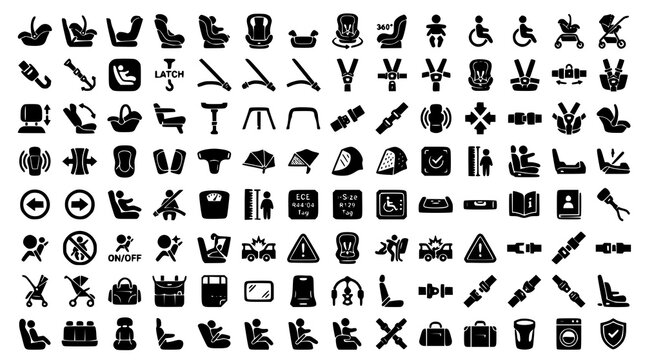 Baby Car Seat Mega Icon Set with Child Passenger Safety Equipment Black Vector Illustration