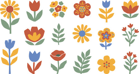 Folk Style Flower Icon Set with Sunflower Tulip Poppy and Wildflower Retro Scandinavian Flat Design Vector Illustration © MdJillur