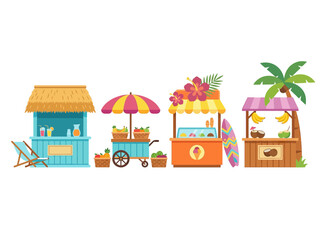 Naklejka premium Tropical Beach Stalls and Kiosks Set with Tiki Bar, Fruit Cart, and Ice Cream Stand