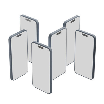 Group of Modern 3D Smartphones with Blank Screens in Isometric Arrangement for App UI/UX Presentation