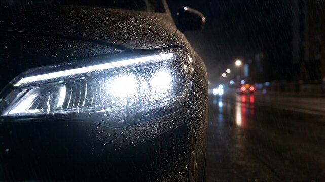 Raindrops cling to sleek car's hood. Bright headlights pierce dark, wet night. Reflections dance on wet pavement. Urban streets glow softly in distance. Driving through stormy night
