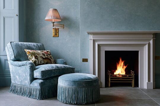 Living room featuring a pale dusty blue limewash wall, a plush armchair with fringe, an ottoman, and a fireplace with a warm fire, creating a cozy atmosphere
