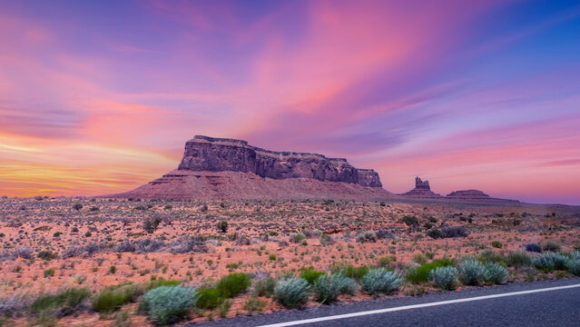 monument valley at sunset, Scenic view of Monument Valley in Utah at twilight,
