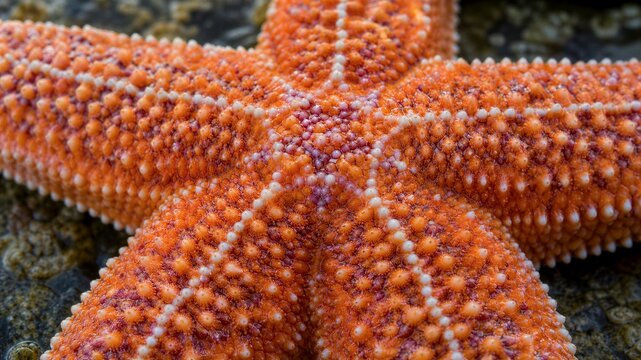 Orange starfish rests on rocky surface. Tiny spines dot its textured body. Center shows delicate, patterned ridges. Natural, vivid color contrasts with stones. Ideal for ocean or marine life projects