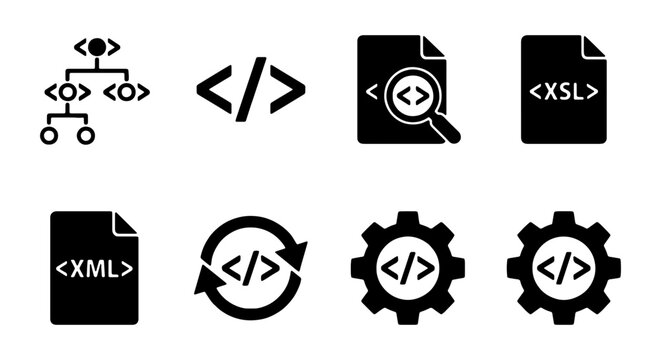 XML and XSL programming icons set, web development and coding vector elements