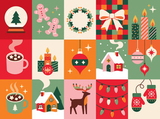 Fototapeta premium Minimalist Christmas Flat Vector Icon Grid and Holiday Illustrations