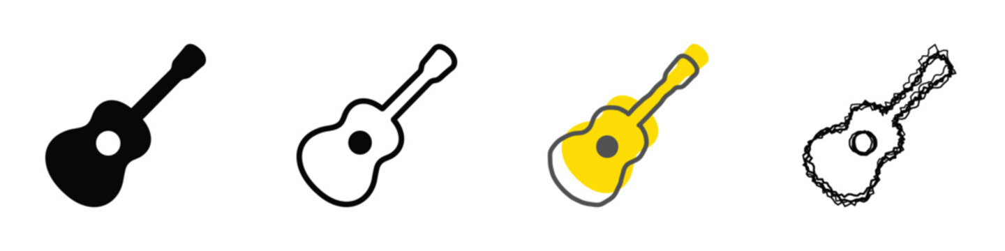 Four distinct graphic representations of a guitar, showcasing different artistic styles from solid silhouette to sketchy outline and vibrant color