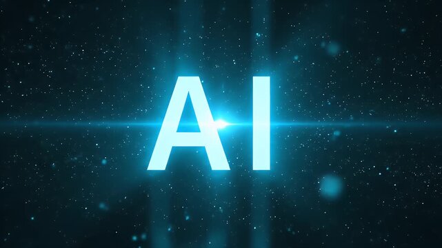 Ai text logo with glowing blue light effects and particles in digital space