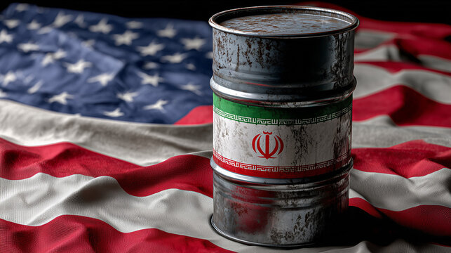 iranian oil barrel standing on usa flag