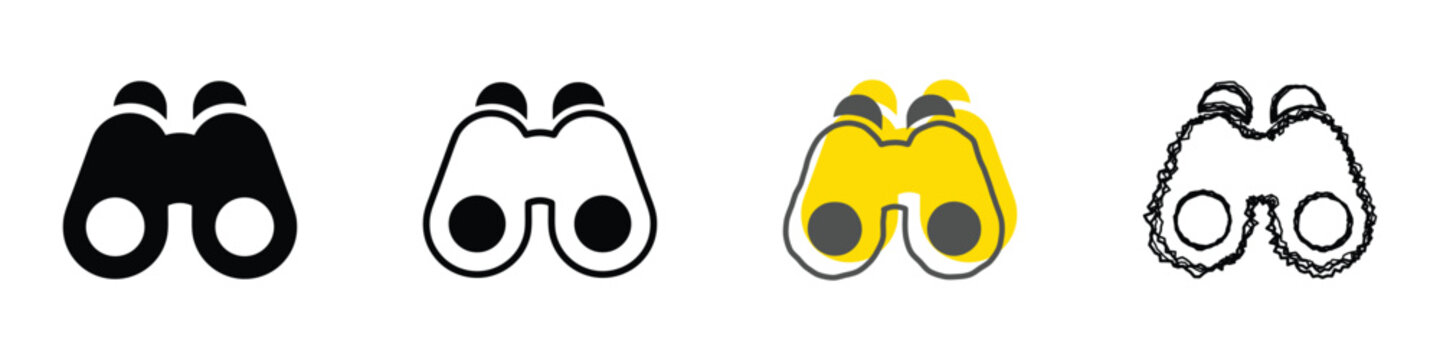 A set of four distinct binocular icons, showcasing variations in design and color for diverse applications