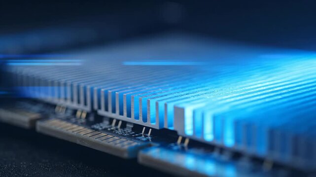 Macro shot of computer graphics card aluminum heatsink fins with blue neon lighting
