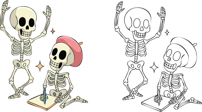 Cartoon skeletons celebrating with la catrina