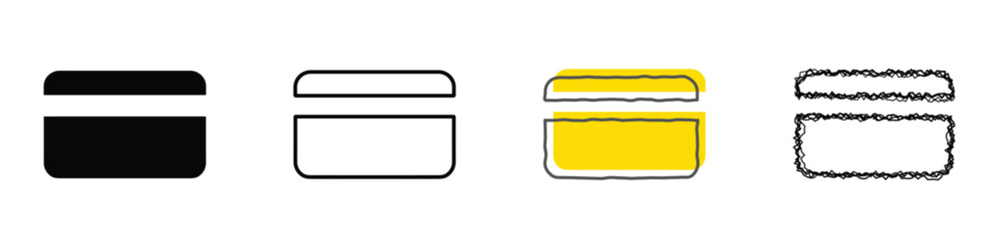 Collection of simplified credit card symbols representing payment and financial transactions in various artistic interpretations