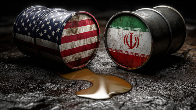 two leaking oil barrels, one with us flag next to second with iranian flag. usa iran conflict strait of hormuz