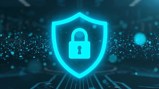 Cyber security shield icon with a glowing padlock for digital data protection