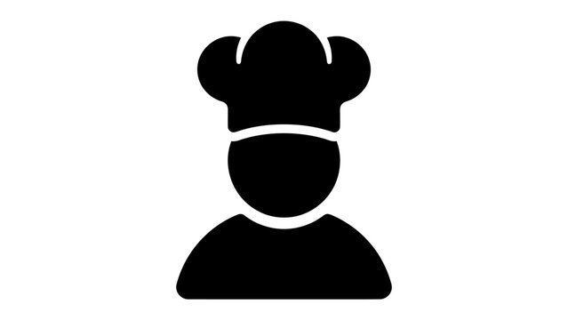 Chef Icon: A simple black silhouette icon representing a chef, complete with a traditional toque hat, symbolizing culinary arts and professional cooking.
