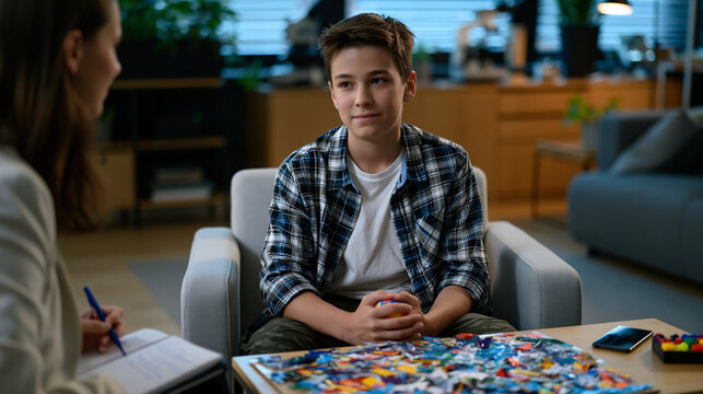 Adolescent boy seated in quiet therapist office squeezing stress ball during trauma informed art therapy session, partially completed collage spread on low table beside chair, qualified professional