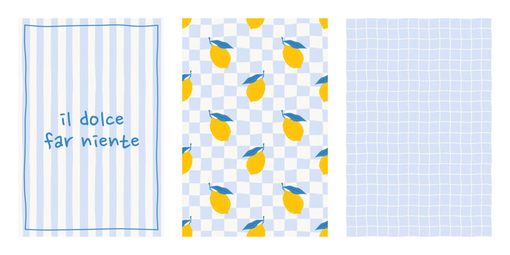 Italian Summer seamless pattern set. Checkered, striped and grid backgrounds with Sicilian lemons or citrus fruits. Hand drawn Italy posters. Vector illustration