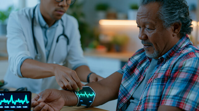 Biomedical engineer adjusting compact non-invasive glucose monitoring wristband on diabetic patient seated in softly lit home kitchen, continuous waveform readout glowing on paired device display, c