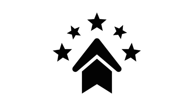Minimalist black icon featuring a stylized arrow pointing upward surrounded by five stars.
