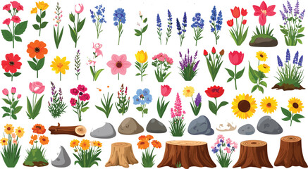 Colorful spring flower and garden element vector set featuring botanical blossoms green plants wild herbs stones and wooden tree stumps isolated on white background © Himel