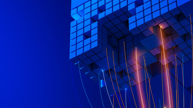 Digital cube structure with light trails creating a stream effect