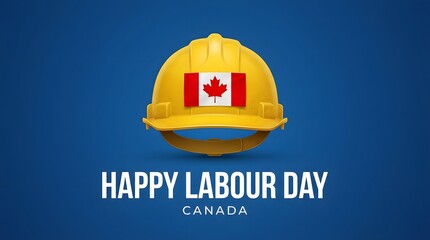 Fototapeta premium happy labour day canada greeting with yellow construction hard hat and maple leaf flag