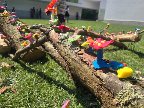 Colorful handmade clay mushrooms decorating tree branches during an outdoor children's art activity. Concepts: creativity, childhood, imagination, outdoor learning, and education.