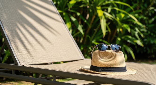 Straw hat and sunglasses on sun lounger in tropical garden