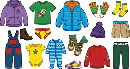 Boys Kids Clothing Icon Set with Puffer Jacket Overalls Sneakers Beanie Socks and Colorful Winter Outfit Collection Vector Illustration © MdJillur