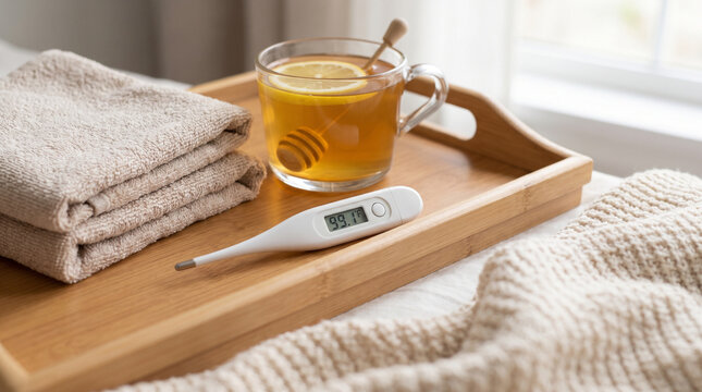 Digital thermometer showing mild fever next to a cup of herbal tea and towels on a wooden tray
